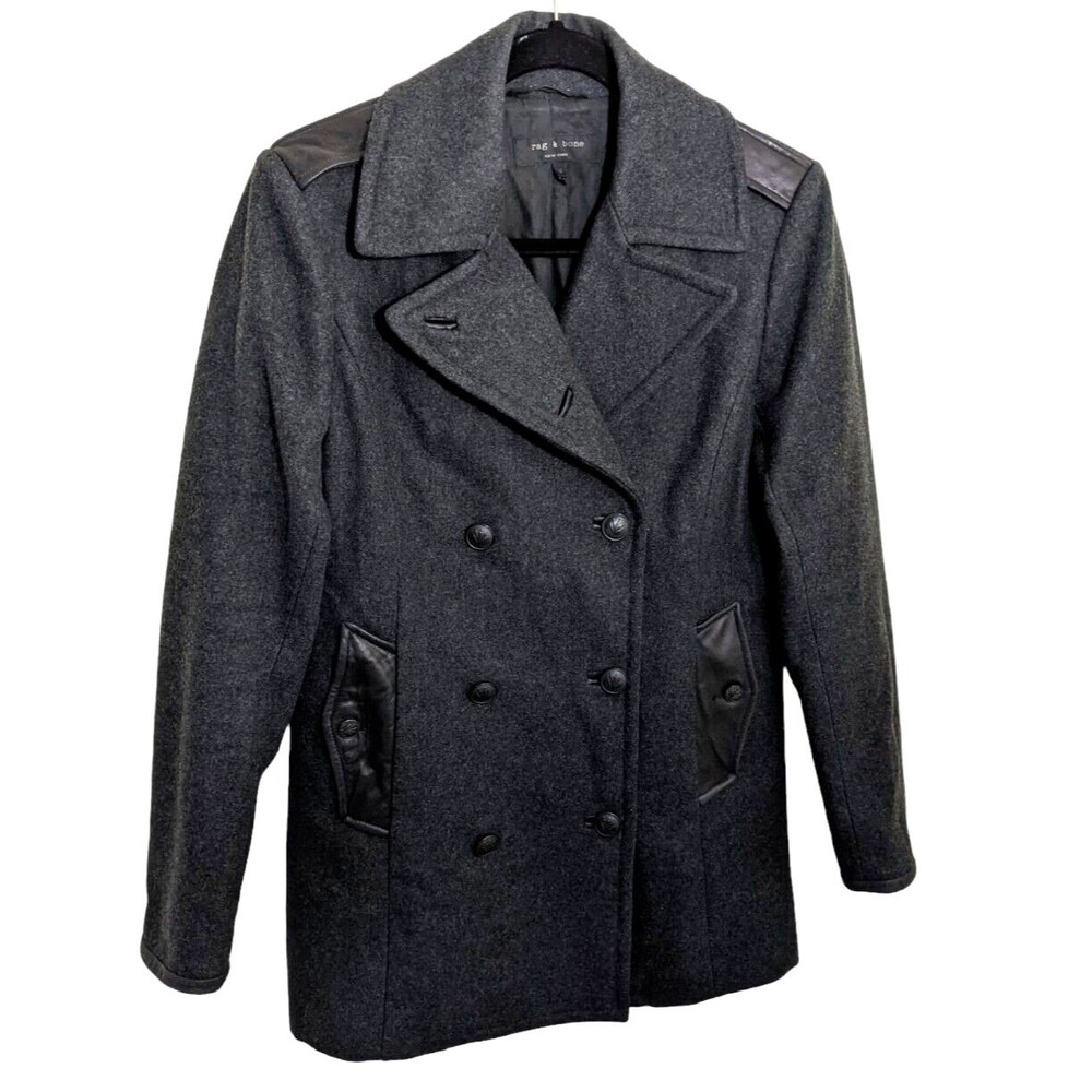 Rag & Bone Women Coat Double Breasted Gray Wool Lamb Leather Preppy Medium